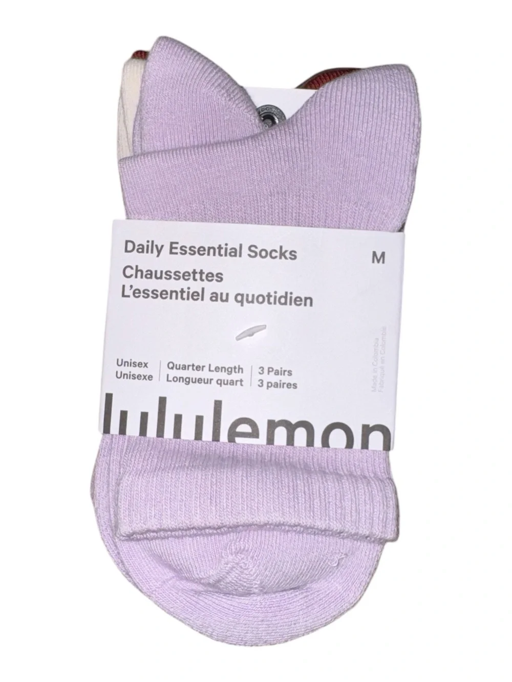 Lululemon Daily Essential Quarter Socks 3 Pack Lilac Ivory Cranberry M NWT